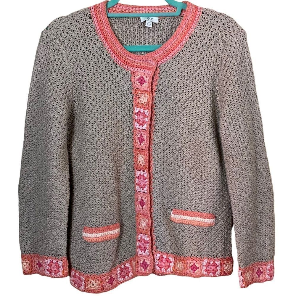 J.Jill Linen Granny Square Crochet Cardigan Size Small